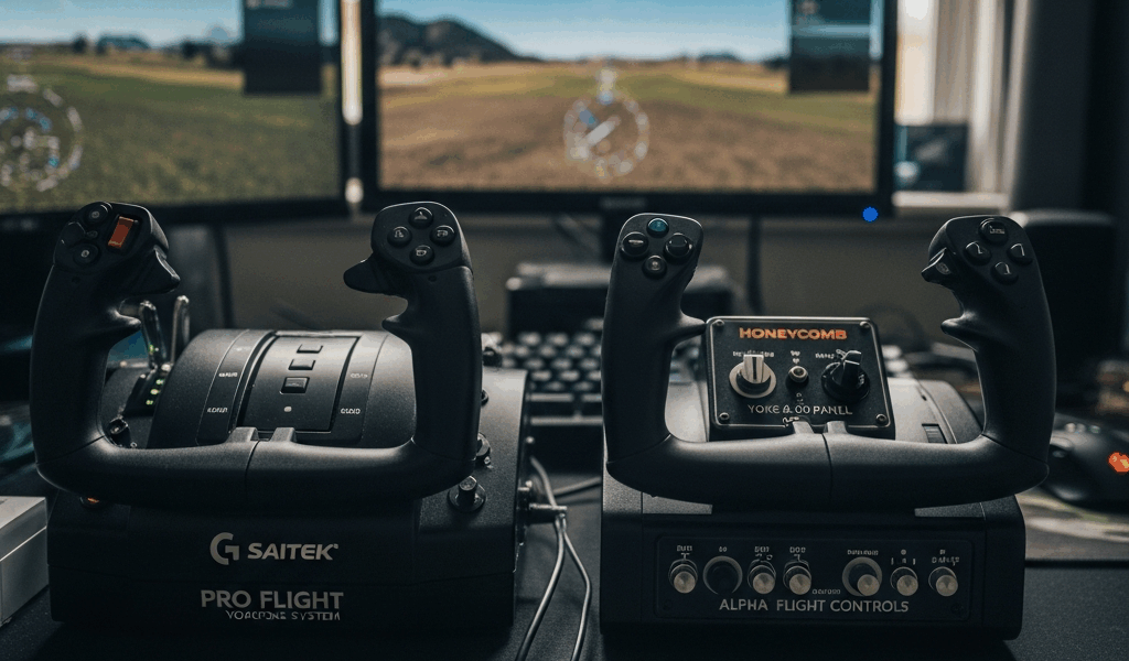 Flight simulator yoke controllers on desk Logitech and Honeycomb side by side