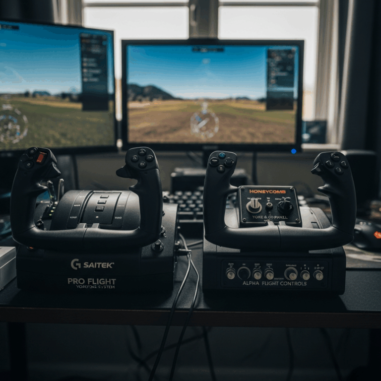 Flight simulator yoke controllers on desk Logitech and Honeycomb side by side