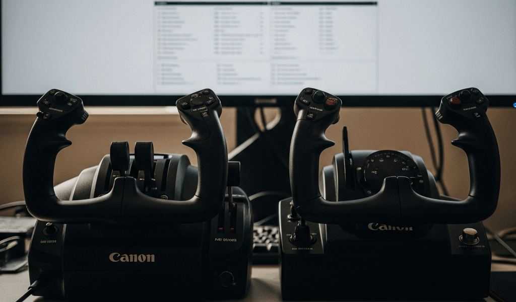 two flight simulator yokes side by side on desk with monitor 20260331 205954