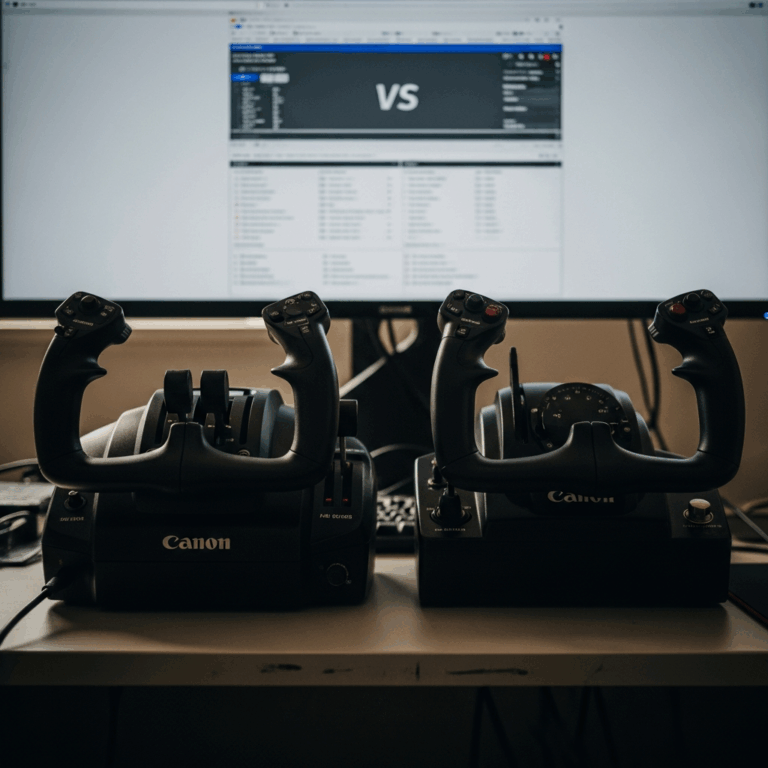 two flight simulator yokes side by side on desk with monitor 20260331 205954