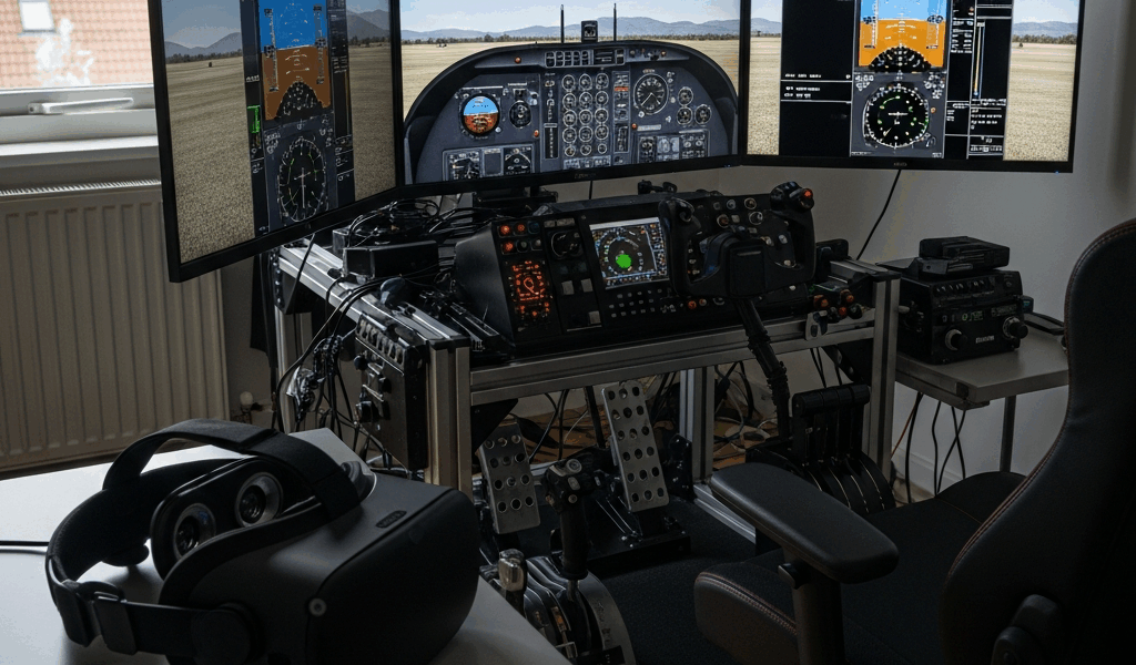VR headset next to flight simulator setup with multiple monitors