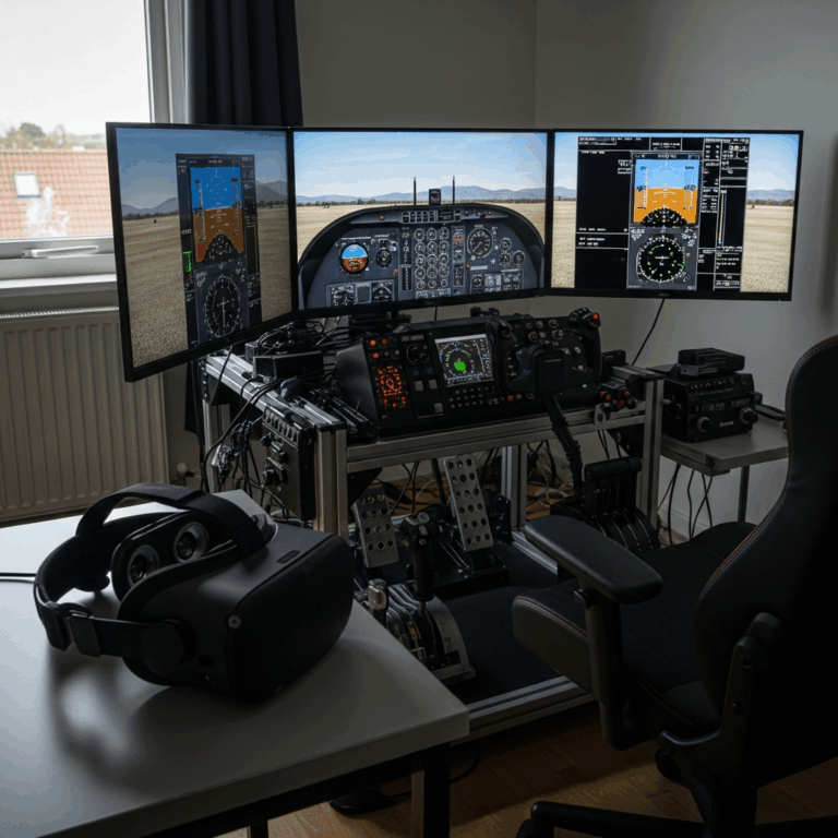 VR headset next to flight simulator setup with multiple monitors